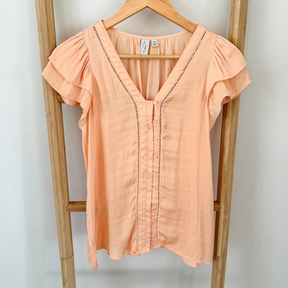 Joie Peach Flutter Sleeve Blouse Size Small Button Front Crochet Trim Boho